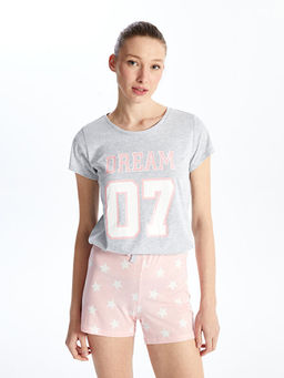 Bisiklet Yaka Bask?l? K?sa Kollu Kad?n ?ortlu Pijama Tak?m?