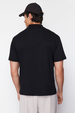 Siyah Oversize/Genis Kesim Harf Nak?sl? Polo Yaka T-shirt TMNSS24PO00025