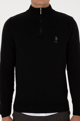 Erkek Slim Fit Yar_m Fermuarl_ Siyah Kazak