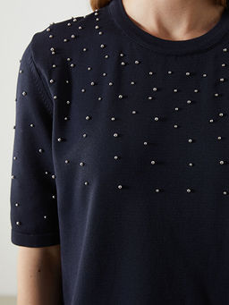 Bisiklet Yaka Boncuk ??lemeli Triko Elbise