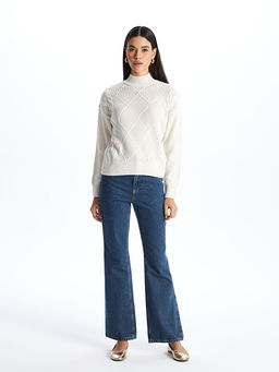 Yar?m Bal?k?? Yaka Kendinden Desenli Uzun Kollu Kad?n Triko Kazak