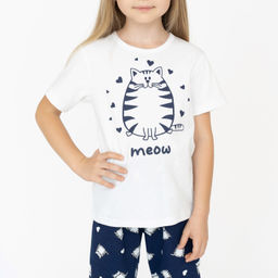 Пижама детская белаясиняя принт кот