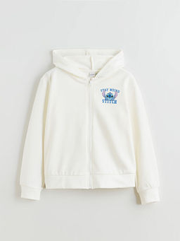 Kap??onlu Stitch Bask?l? K?z ?ocuk Fermuarl? Sweatshirt