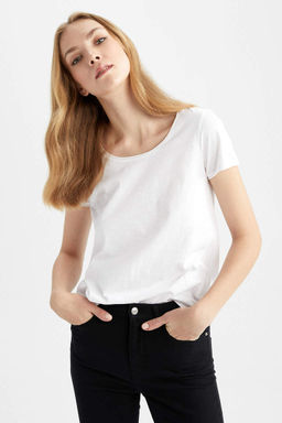 Базовая футболка стандартного кроя с круглым вырезом и короткими рукавами из 100% хлопка - Defacto фото 4