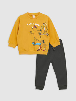 Bisiklet Yaka Uzun Kollu Bask?l? Erkek Bebek Sweatshirt ve Pantolon 2li Tak?m