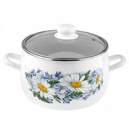 Ромашковое поле Кастрюля эмалированная 5,0л, форма полусфера, стеклянная крышка, нержавеющий ободок (Россия)