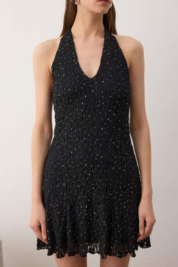 Siyah Duz Tas Bask?l? Tul K?sa / Mini Astarl? Elbise TPRAW26EL00095 - Trendyolmilla фото 3