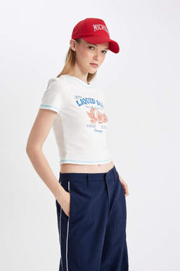 Классная футболка с коротким рукавом в рубчик с круглым вырезом и принтом - Defacto фото 7