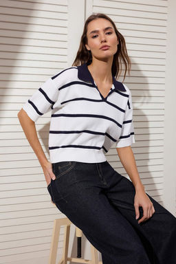 Lacivert Polo Yaka Cizgili Triko Bluz TWOSS26BZ00121