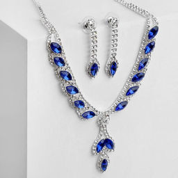 Набор 2 предмета: серьги, колье Листопад ромб, цвет сине-белый в серебре, 45 см