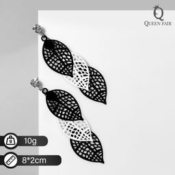 Серьги висячие Листья трио, цвет чёрно-белый в серебре, 8см