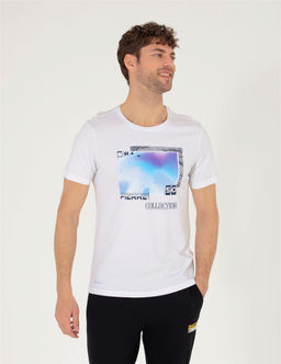 Beyaz Slim Fit Bask_l_ Bisiklet Yaka Ti__rt
