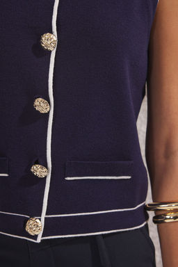 Lacivert Premium Iplik/Ozel Iplik Bisiklet Yaka Renk Bloklu Triko Ince Bluz TWOSS25YE00066