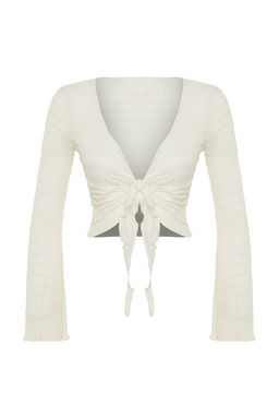 Ekru Premium Dokulu Fitted/Vucuda Oturan Baglama Detayl? Esnek Orme Bluz TWOSS24BZ00015