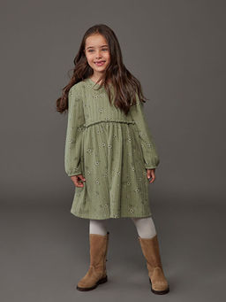 Bisiklet Yaka Uzun Kollu ?i?ek Desenli K?z ?ocuk Elbise