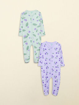 V Yaka Uzun Kollu Bask?l? Organik Pamuklu K?z Bebek Tulum 2li