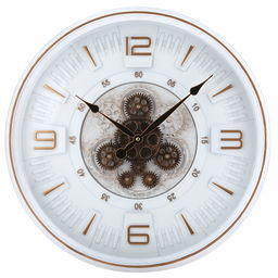 Часы настенные "Хронос" д49см, h7см, мягкий ход, циферблат "Шестеренки", белый/коричневый потертый; цифры арабские, медный; корпус пластик, белый, полоски медного цвета; в лотке (Китай)