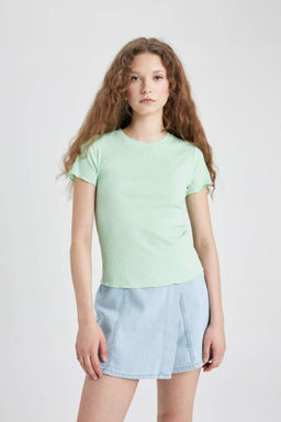 Базовая футболка с короткими рукавами и приталенным вырезом в рубчик на бретельках - Defacto фото 3