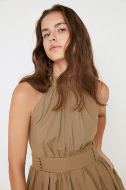 Taba Halter Yaka A Kesim Pilili Mini Dokuma Elbise TWOSS21EL1527 - Trendyolmilla фото 4