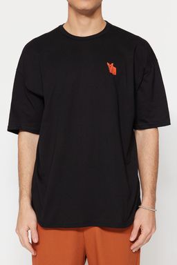 TRENDYOL MAN Siyah Oversize Bisiklet Yaka K?sa Kol Tilki Nak?sl? %100 Pamuklu T-Shirt TMNSS23TS00182 - Trendyolmilla фото 5