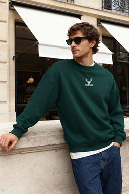Ye_il Oversize/Geni_ Kesim Bisiklet Yaka Uzun Kol Hayvan Nak__l_ Sweatshirt TMNAW24SW00169