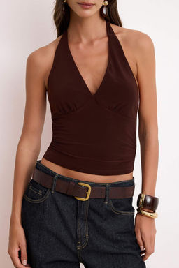 Kahverengi Boyundan Baglamal? Vucuda Oturan Crop Esnek Orme Bluz TWOSS24BZ00061