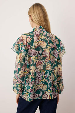 Yesil-Cok Renkli Sifon Sal Desenli Fular Yaka Dokuma Bluz TWOAW26BZ00277 - Trendyolmilla фото 4