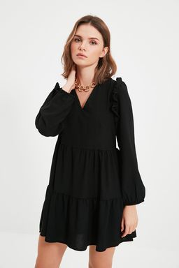 Siyah Duz Kesim Buzgulu F?rf?r Detayl? Mini Dokuma Elbise TWOAW22EL0762