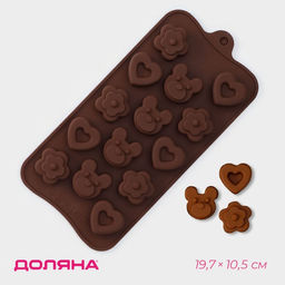 Форма для конфет и шоколада Доляна Мишка, цветок, сердце, силикон, 19.7?10.5?1.5 см, 14 ячеек, коричневая