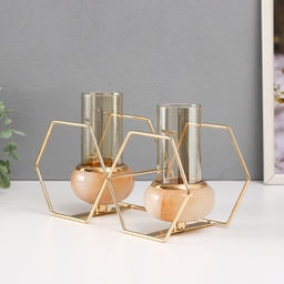 Подсвечник на 2 свечи «Шестигранники», металл, стекло, белый с золотом, 15.5×26.5×10.5 см