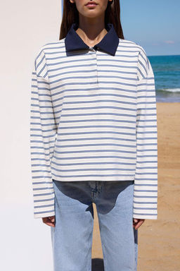 Ekru Cizgili More Sustainable Dokuma Yaka Detayl? Regular Orme T-shirt/Sweatshirt TWOAW26TS00004 - Trendyolmilla фото 3