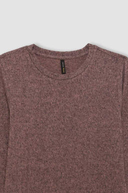 Женская повседневная базовая однотонная футболка с круглым вырезом и длинными рукавами обычного кроя - Defacto фото 2