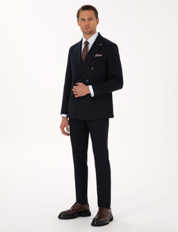 Lacivert Extra Slim Fit _izgili Kruvaze Tak_m Elbise