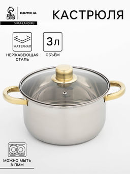 Кастрюля Доляна Роскошь, 3 л, d=20 см, с крышкой, нержавеющая сталь, капсульное дно