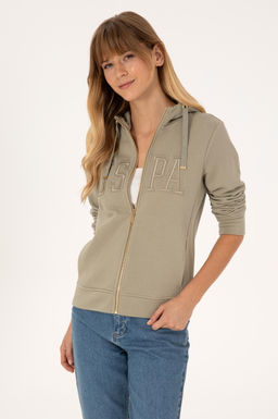 Kad_n A__k Haki Fermuarl_ Kap__onlu Basic Sweatshirt