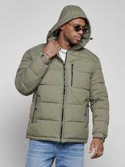 Куртка спортивная мужская зимняя с капюшоном цвета хаки 8362Kh