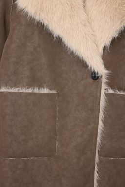 Vizon-Ekru Cift Tarafl? Kurklu Mono Kapama Oversize Uzun Suet Kaban TWOAW26KB00003 - Trendyolmilla фото 4