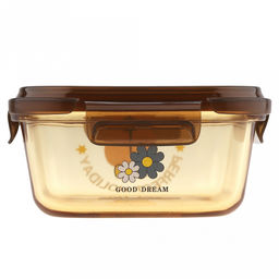 "Мишины мечты" Контейнер стеклянный 780мл, 14,8х14,8см h6,3см, боросиликатное стекло, с деколью, цвет - медовый, квадратный, пластмассовая крышка с пароотводом, герметичная, с клипсами, с силиконовым уплотнителем (Китай)