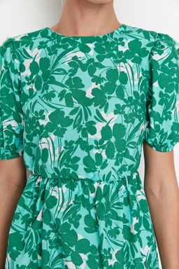 Yesil Cicekli Skater/Belden Ac?lan S?rt Detayl? Mini Dokuma Elbise TWOSS22EL2858