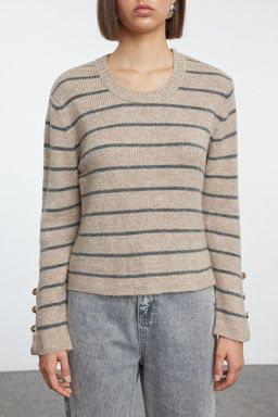 Bej Yumusak Dokulu Basic Cizgili Triko Kazak TWOAW25KZ00235