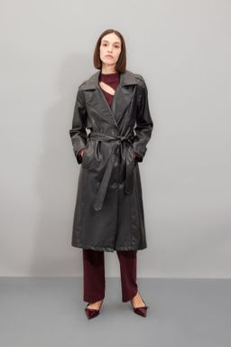 Su Itici Suni Deri Trenckot Kruvaze Yaka Dugmeli Kemerli Cepli