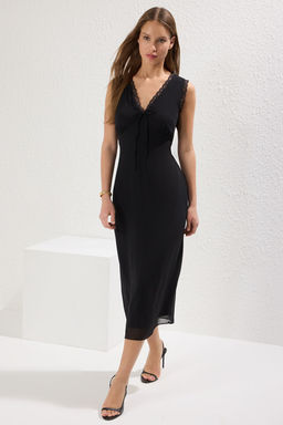 Bordo Duz Kesim Dantel Detayl? Midi Dokuma Elbise TWOSS25EL00409 - Trendyolmilla фото 5