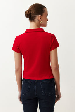 K?rm?z? Regular/Normal Kal?p Polo Yaka Buzgu/Drape Detayl? Fermuarl? Orme Bluz TWOSS24BZ00501 - Trendyolmilla фото 6