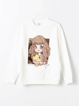 Bisiklet Yaka Bask?l? ?ift Y?nl? Payetli Uzun Kollu K?z ?ocuk Sweatshirt