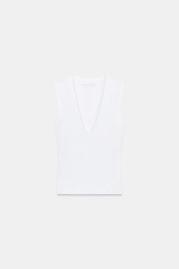 CAMISETA ALGOD?N ESCOTE PICO / Blanco - Zara фото 6