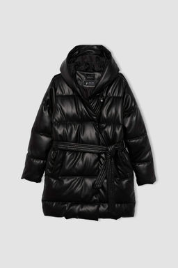 Водонепроницаемая надувная парка из искусственной кожи с капюшоном и пухом - Defacto фото 9