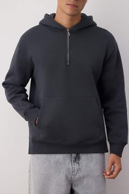 Antrasit Oversize/Genis Kesim Fermuarl? Kapusonlu Ici Polarl? Basic Sweatshirt TMNAW25SW00050