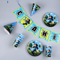 Набор бумажной посуды Майнкрафт: 6 тарелок, 1 гирлянда, 6 стаканов, 6 колпаков