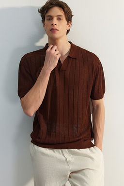 Kahverengi Regular Fit Pamuklu K_sa Kol Polo Yaka Triko Tshirt TMNSS23PO00024