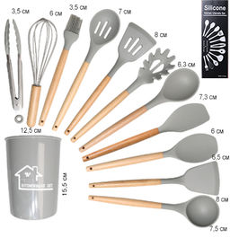 Кухонный набор 12 предметов в подставке/ MNA-101 /уп 16/ приборы силикон/дерево /0,960/светло-серый